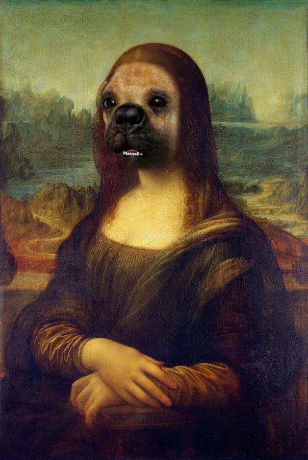 Roliga Mona Lisa Dog Face Painting Spoof arkivfoton Roliga Mona Lisa Dog Face Painting Spoof arkivfoton