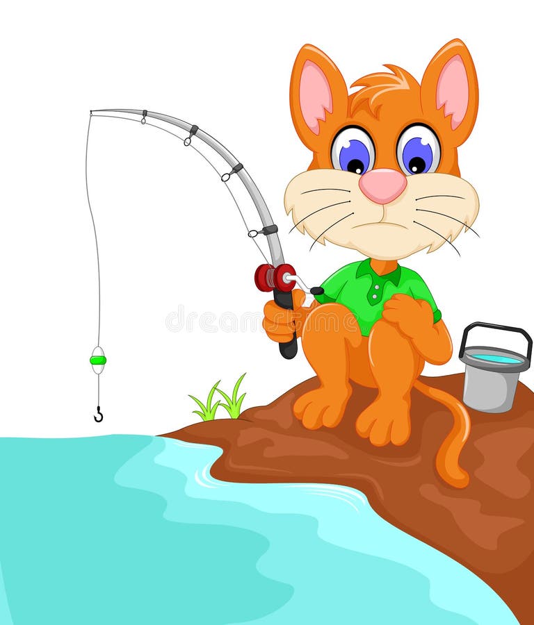 Roligt katttecknad filmfiske i floden royaltyfri illustrationer