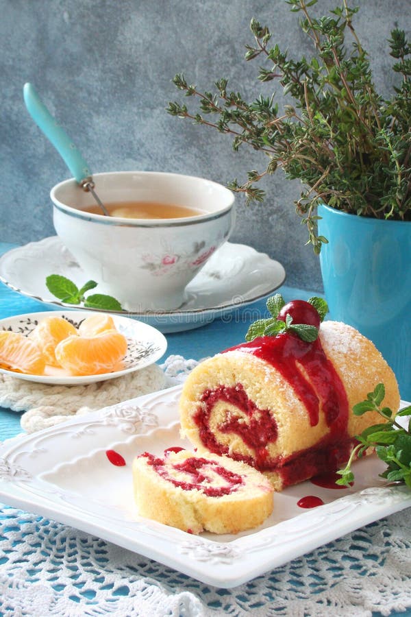Roll Biscuit with Berry Fruit Jam and Cherries Stock Image Image of