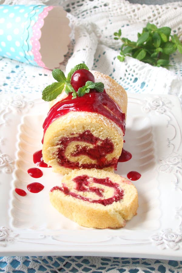 Roll Biscuit with Berry Fruit Jam and Cherries Stock Photo Image of