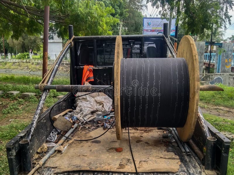 Roll of Cable Fiber Optic on a Pick Up Truck Stock Photo Image of