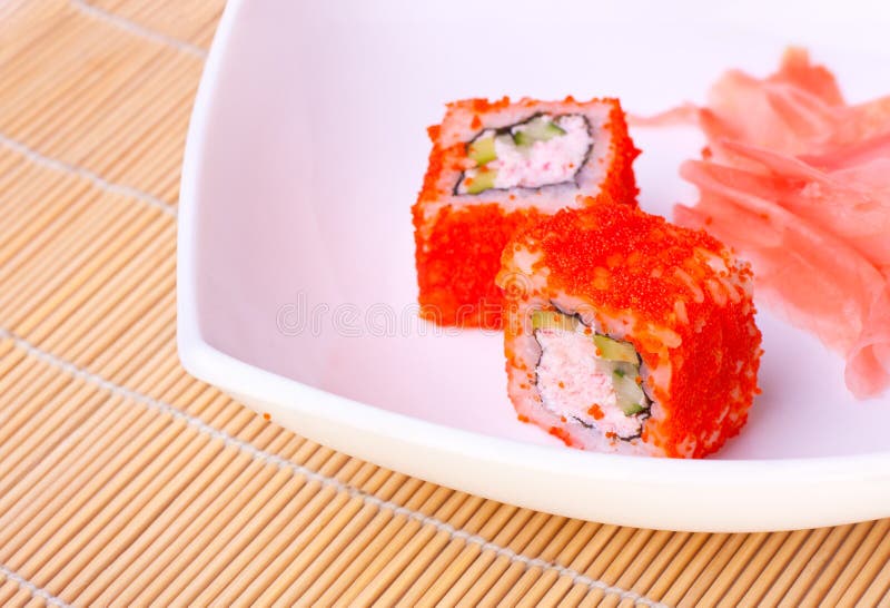 Roll with flying fish roe stock image. Image of roll