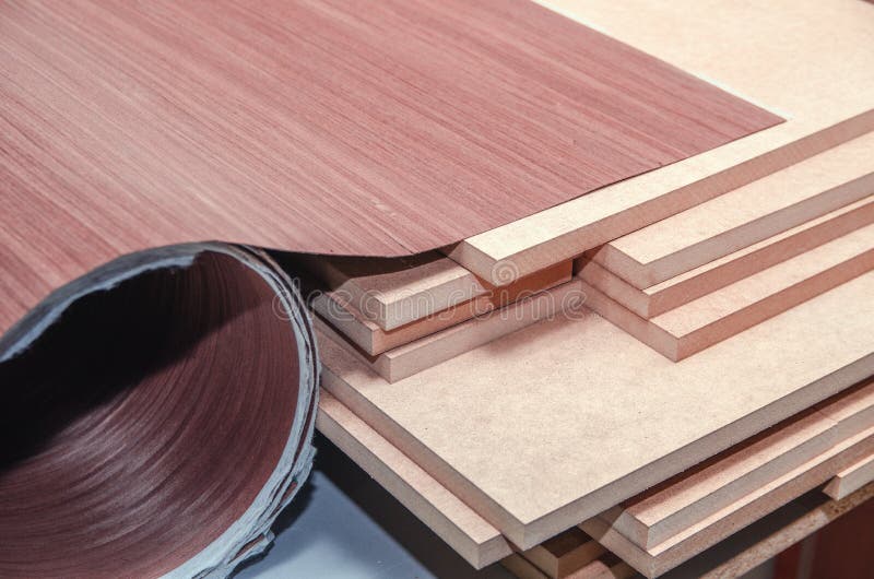 Oak Veneer Roll. Wood Texture. Furniture Manufacture. Closeup Stock