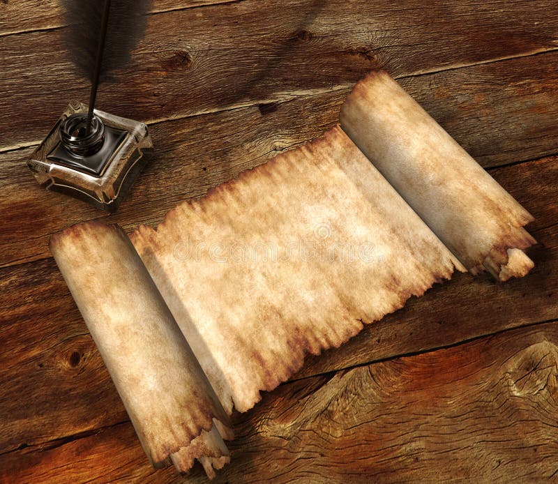 Roll of parchment on wooden table 3D still-life