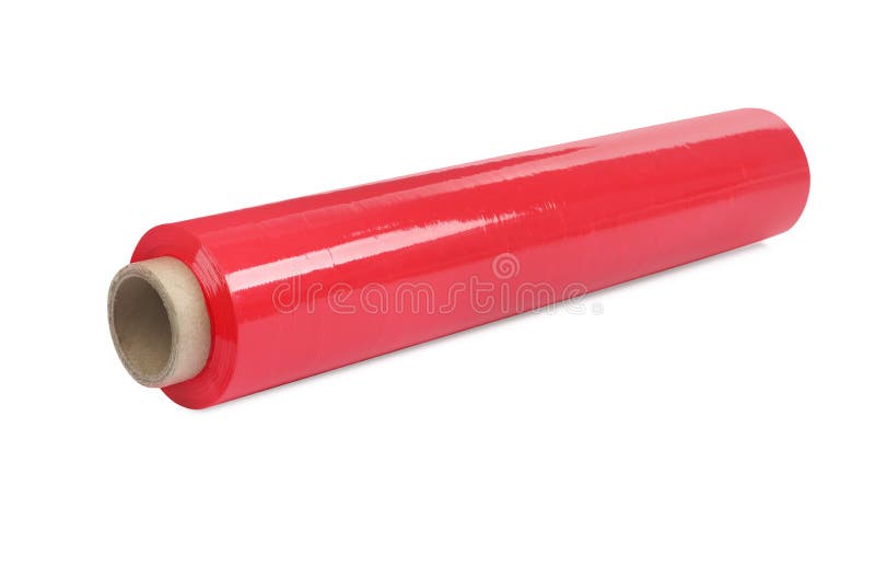 Roll of Red Plastic Stretch Wrap Film Isolated on White Stock Image
