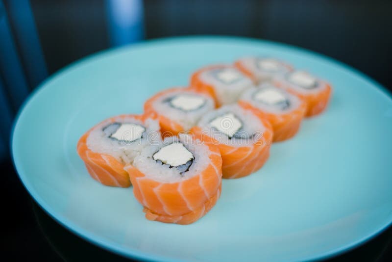Roll with Salmon and White Rice and Cream Cheese Stock Photo Image of