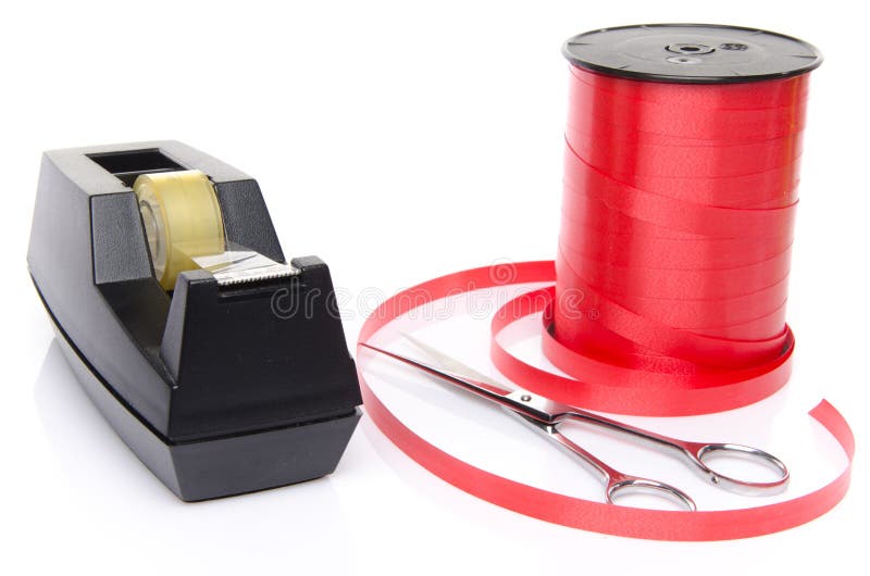 Roll of Shiny Red Ribbon Gift with Scissors and Scotch Tape Stock Image
