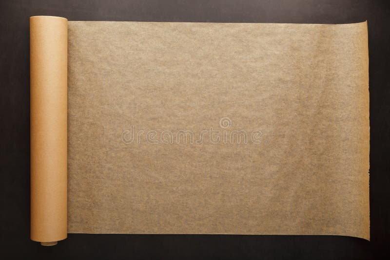 A Roll Of Unfolded Brown Parchment Paper, For Baking Food In On A Dark Background, Top View