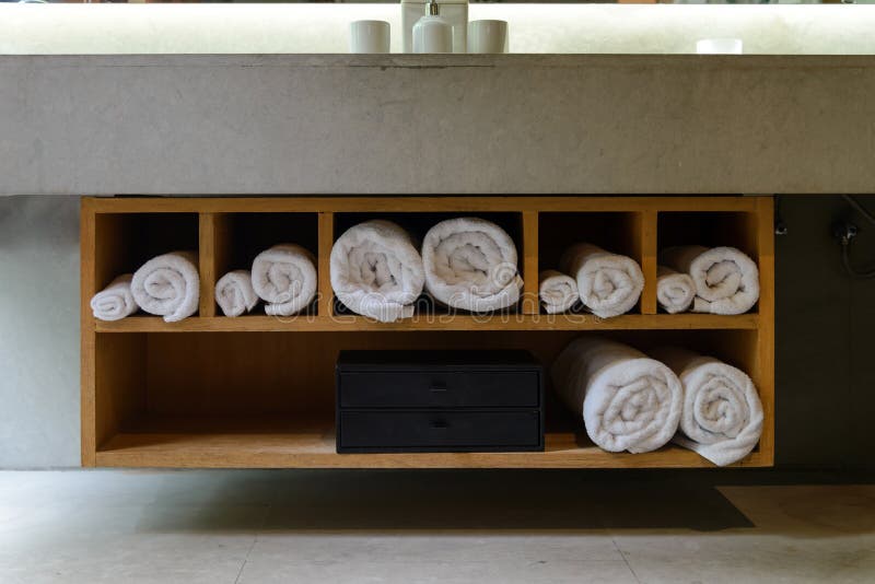 Roll White Soft Towels in Built in Wooden Shelf Stock Photo Image of
