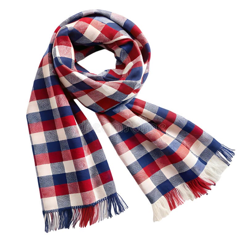 A rolled scarf with a bold red, white, and blue buffalo plaid pattern and fringed edges is shown on white. Blue buffalo illustrations