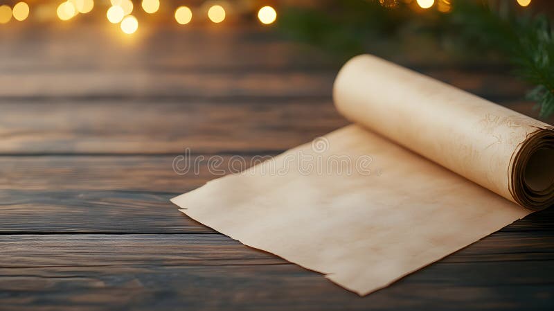 Rolled vintage paper on wooden table with festive golden lights. Excellent for fairy tale themes, poetic writings, and royalty free stock images