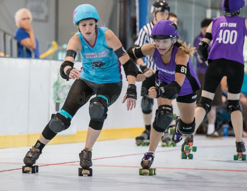 Roller derby skaters take position in a match with Shasta vs. Sonoma at Redding, California.