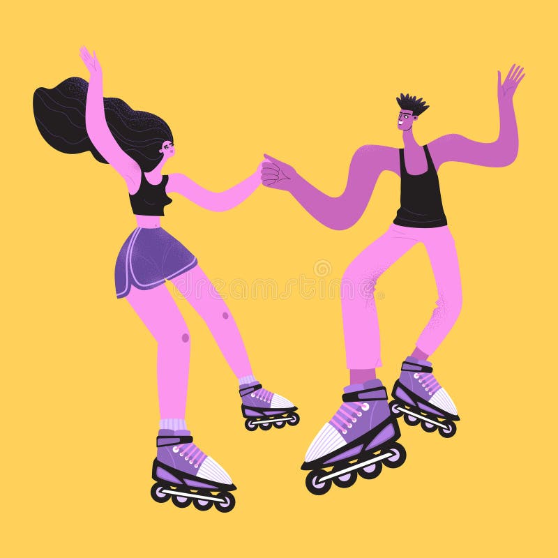 Roller Skating Party. Funny Couple on Roller Skates Dancing and Having