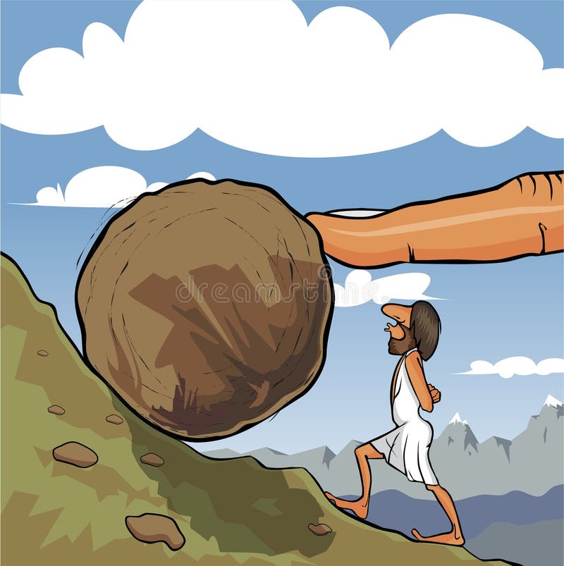 Huge rock or boulder rolling down a man from steep hill , risk, trouble and  crisis. vector Stock Vector