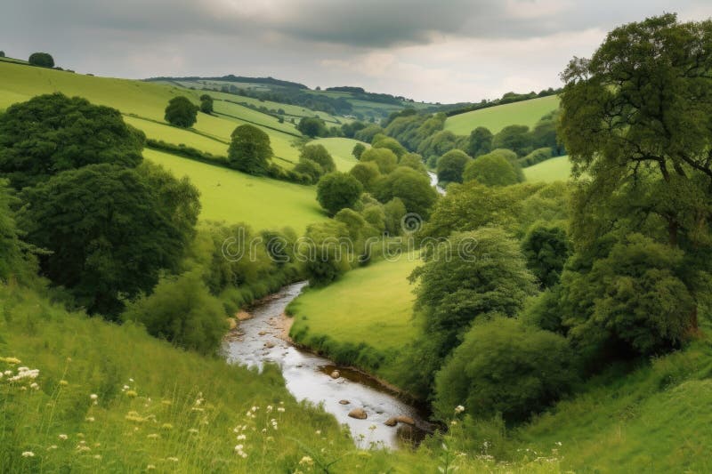 Rolling Countryside Hills, with Winding Stream and Towering Trees Stock