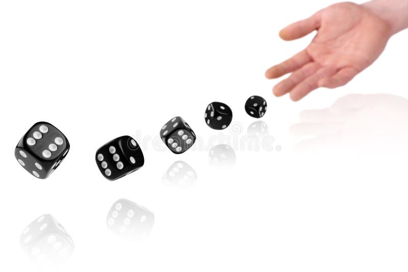 Hand throwing dices on white background.