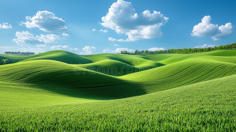 Rolling green hills under blue sky with fluffy cloud royalty ilustracja