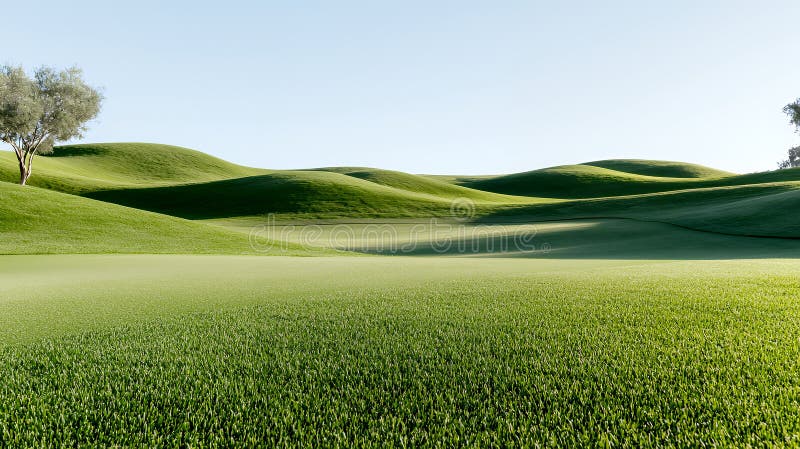 Rolling Green Hills и лужайка для гольфа в солнечный день. Пышная зеленая трава покрывает холмы на поле для гольфа, создавая спокойный естественный образ, идеально подходящий для фона и окружающей среды