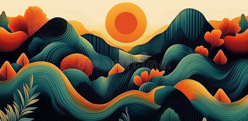 Rolling hills and lush vegetation bask in the glow of a golden sunset stock image