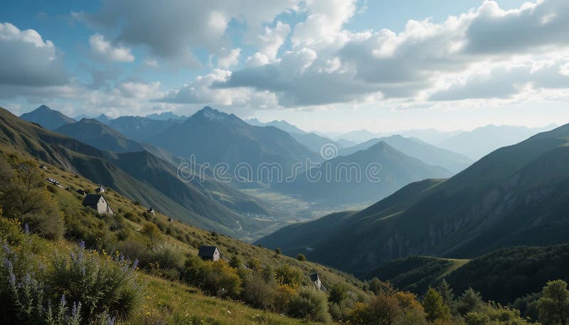 Rolling hills and rugged mountains create a stunning landscape under a partly royalty free illustration