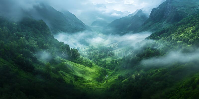 Rolling Mist Drifting Over a Deep Lush Valley for a Mystical and Enchanting Scene stock illustration