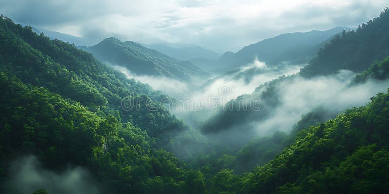 Rolling Mist Drifting Over a Deep Lush Valley for a Mystical and Enchanting Scene royalty free illustration