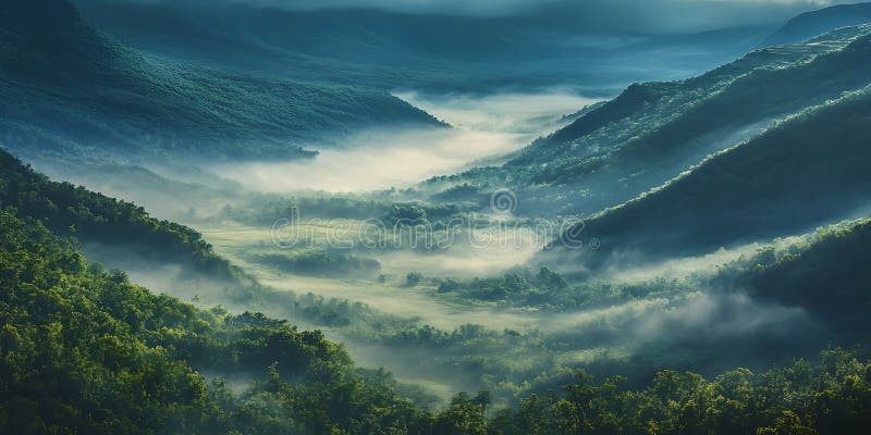 Rolling Mist Drifting Over a Deep Lush Valley for a Mystical and Enchanting Scene stock illustration