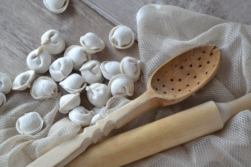 Rolling Pin, Raw Dumplings in Flour on Shabby Table Stock Image Image