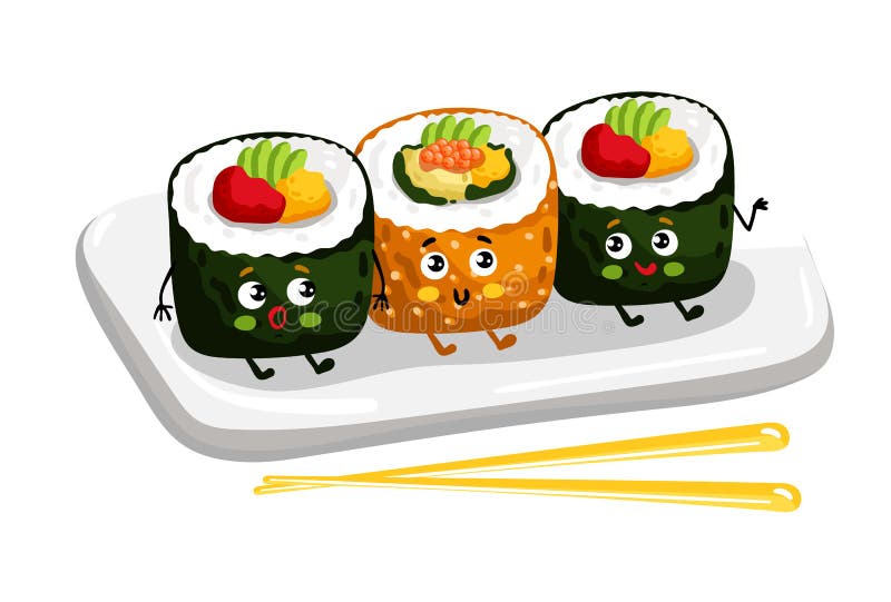 Rollo De Sushi Divertido Fijado En Personaje De Dibujos Animados De La  Placa Ilustración del Vector - Ilustración de alimento, encantador: 88092004