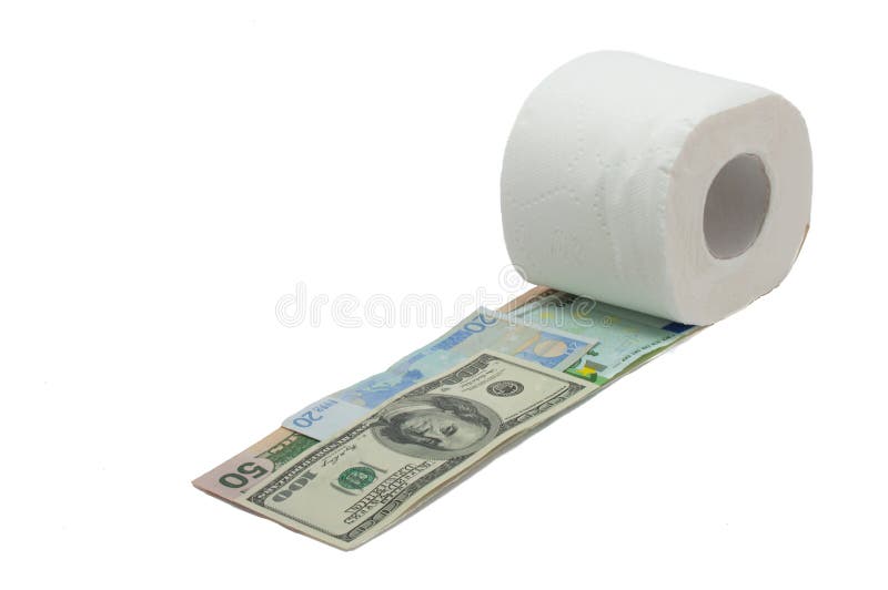 Rollo del papel higiénico y del dinero aislados en el fondo blanco foto de archivo Rollo del papel higiénico y del dinero aislados en el fondo blanco foto de archivo