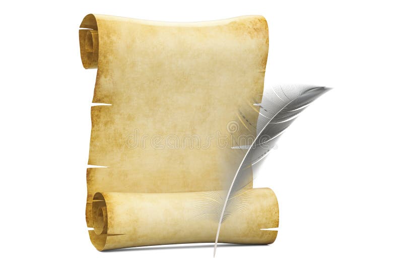 Rollo En Blanco Del Papiro Con La Pluma, Representación 3D Stock de