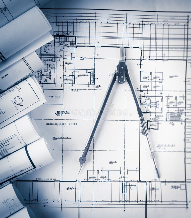 Rolls of Architecture Blueprints and House Plans Stock Image Image of
