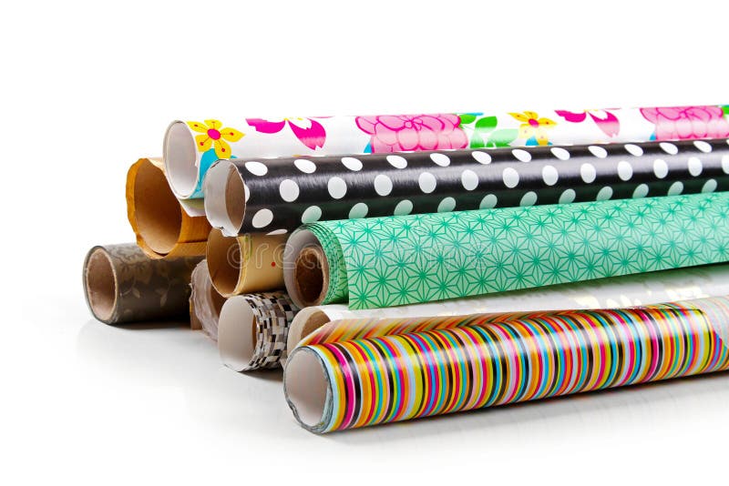 Rolls of colorful wrapping paper isolated on white