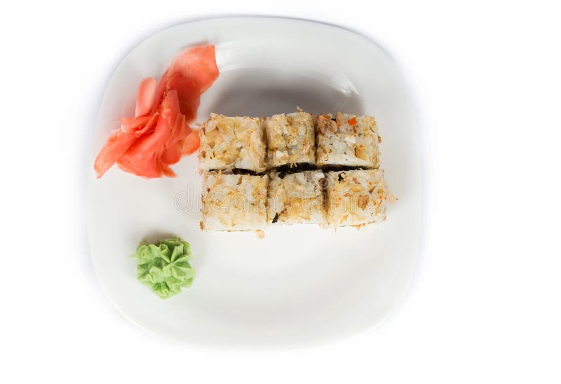 Rolls, Ginger and Wasabi Sauce on a White Background. View from Above