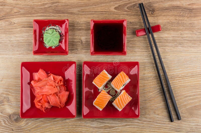 Rolls with Salmon, Wasabi, Marinated Ginger, Soy Sauce and Chops Stock Image Image of healthy