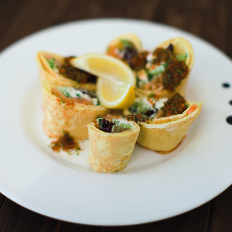 Rolls of Thin Pancakes with Salted Red Fish Stock Photo Image of delicacy, appetizer 68607038
