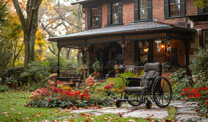 Rollstuhl auf Veranda im Herbst. ein Rollstuhl sitzt auf einem Steinweg vor einem Haus mit Veranda stockfotos