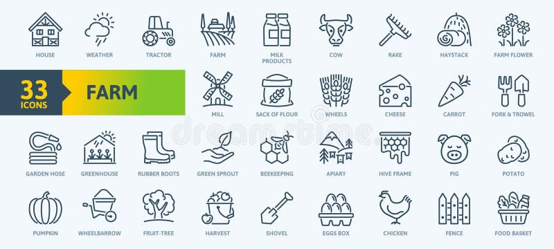 Rolnictwo rolnicze rolnictwo rolnicze — zestaw ikon sieci cienrolniczej. zawiera takie ikony jak zbiory siana w szklarni i inne.