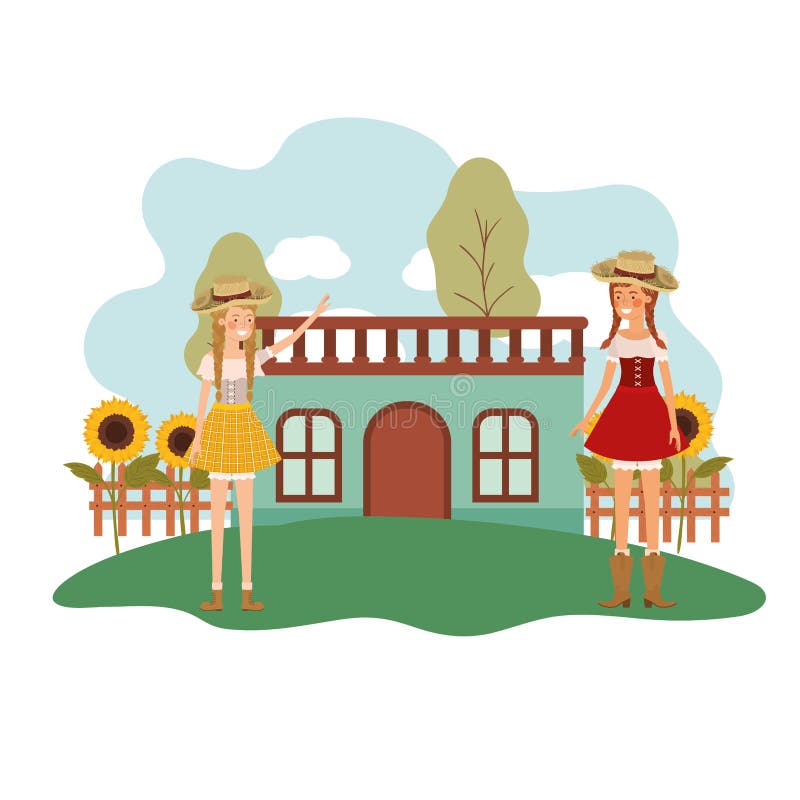 Rolnik kobiety opowiada z tło domami ilustracja wektor