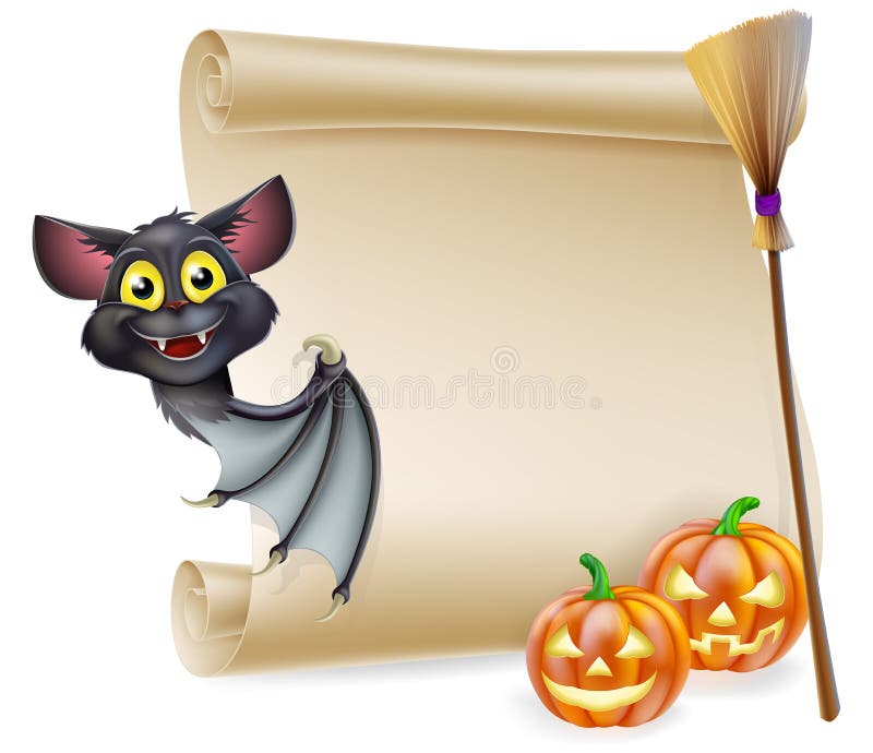 An illustration of a Halloween scroll with space for your message and witches cats and broomstick and cartoon bat. An illustration of a Halloween scroll with space for your message and witches cats and broomstick and cartoon bat