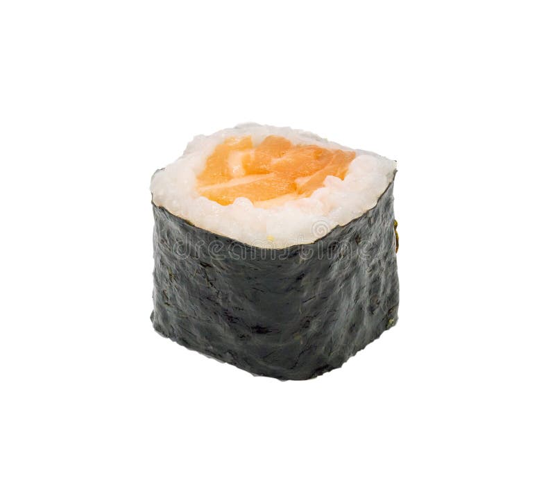 Rolo de sushi japonês do maki dos salmões isolado no fundo branco