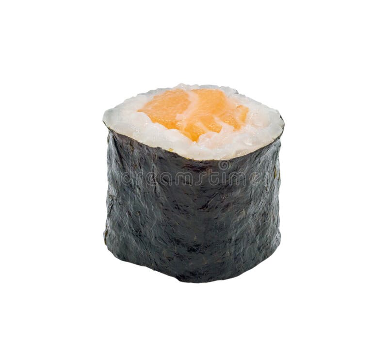 Rolo de sushi japonês do maki dos salmões isolado no fundo branco