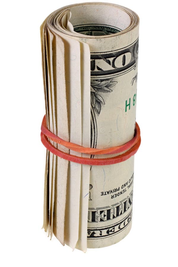Rolo do dólar apertado com elástico Dinheiro rolado isolado no branco foto de stock Rolo do dólar apertado com elástico Dinheiro rolado isolado no branco foto de stock