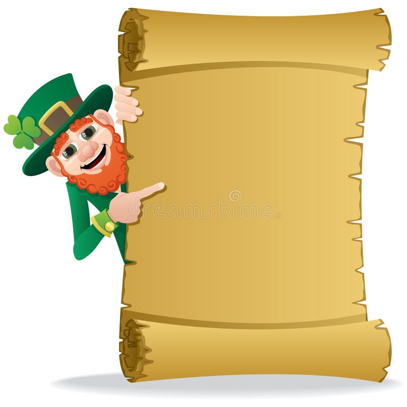 A leprechaun, holding a scroll with copy space for your text. No transparency used. Basic (linear) gradients used. A leprechaun, holding a scroll with copy space for your text. No transparency used. Basic (linear) gradients used.