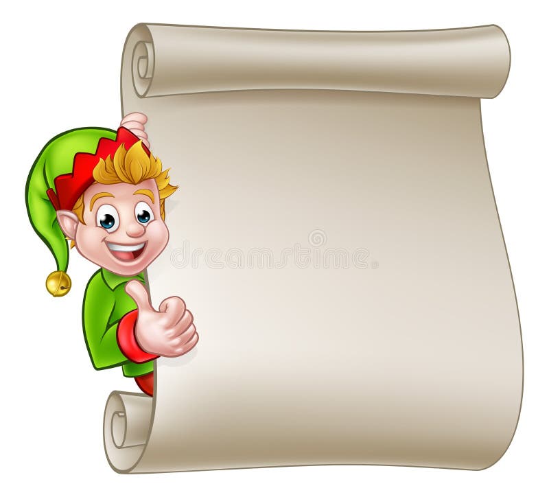 A cute cartoon Christmas elf peeking around scroll sign and giving a thumbs up. A cute cartoon Christmas elf peeking around scroll sign and giving a thumbs up