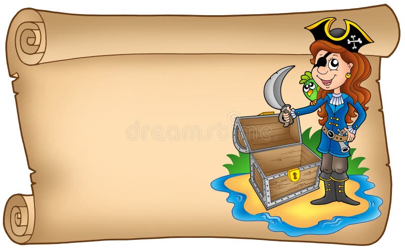 Old scroll with pirate girl - color illustration. Old scroll with pirate girl - color illustration.