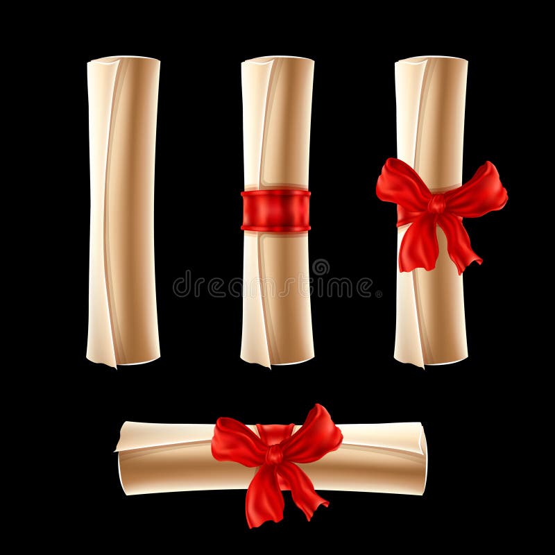 Parchment scrolls with red ribbons isolated. Parchment scrolls with red ribbons isolated