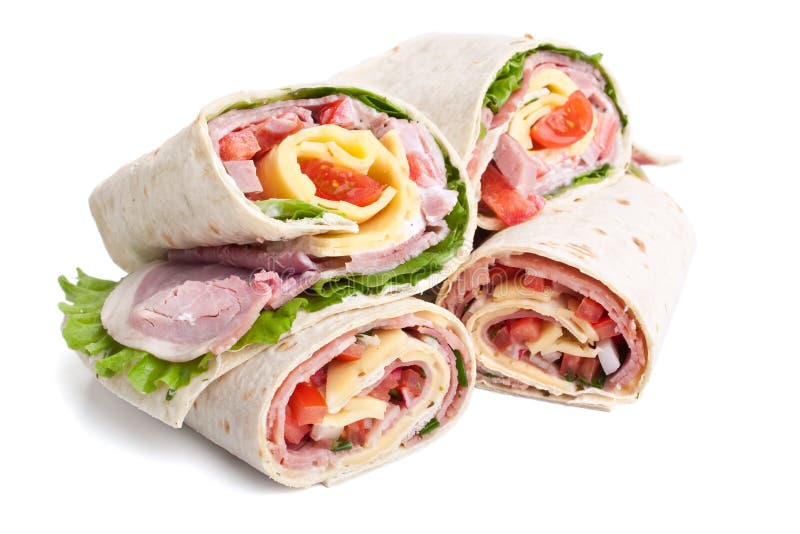 Wrapped tortilla sandwich rolls cut in half. Wrapped tortilla sandwich rolls cut in half