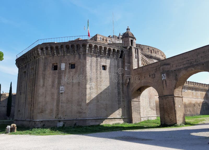 Rome, Lazio, Italy - October 23, 2019: Section of the Passetto di Borgo, the secret pedestrian path built in the 13th century within the Vatican walls, which connects the Vatican with Castel Sant`Angelo. Rome, Lazio, Italy - October 23, 2019: Section of the Passetto di Borgo, the secret pedestrian path built in the 13th century within the Vatican walls, which connects the Vatican with Castel Sant`Angelo