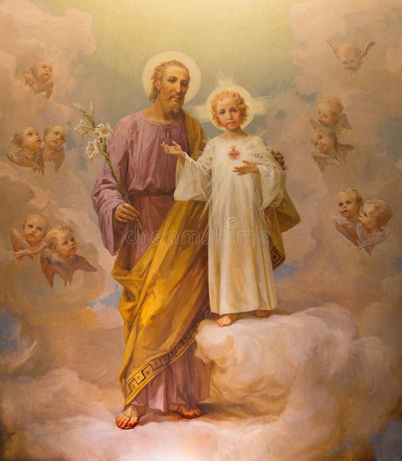 ROMA, ITALIA - 12 DE MARZO DE 2016: La pintura de San José por E Ballerini 1941 en el del Sacro Cuore de Chiesa di Nostra Signora foto de archivo libre de regalías ROMA, ITALIA - 12 DE MARZO DE 2016: La pintura de San José por E Ballerini 1941 en el del Sacro Cuore de Chiesa di Nostra Signora foto de archivo libre de regalías